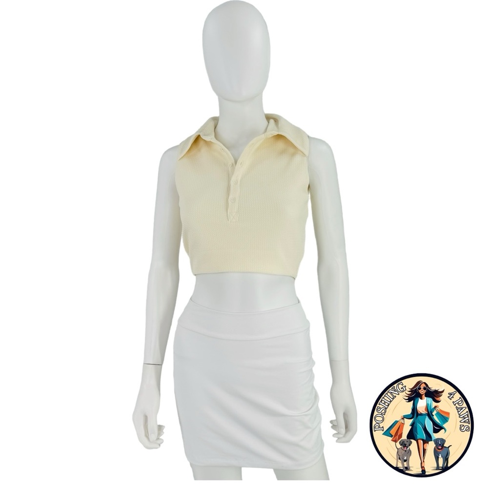 Camila Coelho Ivory Beja Waffle Tennis Prep Collared Preppy Crop Top XXS - Picture 2 of 11